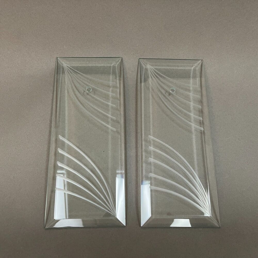 2 Vintage Chandelier Glass Panels Rectangular Hanging Shade Etched Curved Lines
